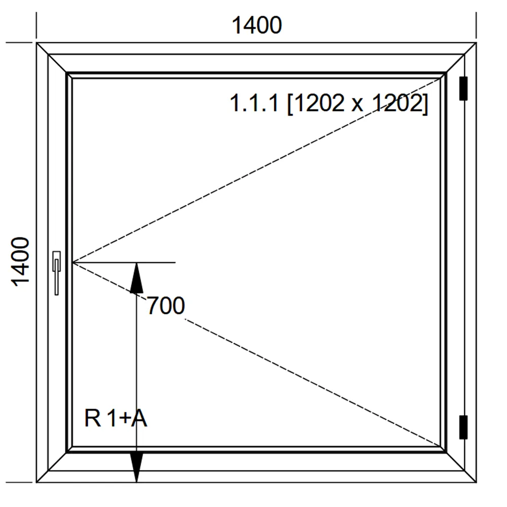 Schemat białego okna stałego rozwieranego IDEAL 4000 o wymiarach 140 × 140 cm z pakietem dwuszybowym 4/16/4
