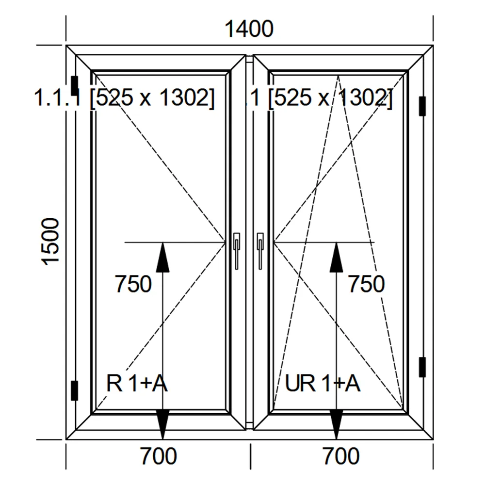 Schemat białego, dwuskrzydłowego okna IDEAL 4000 o wymiarach 140 × 150 cm ze skrzydłem rozwiernym i rozwierno-uchylnym oraz pakietem dwuszybowym 4/16/4