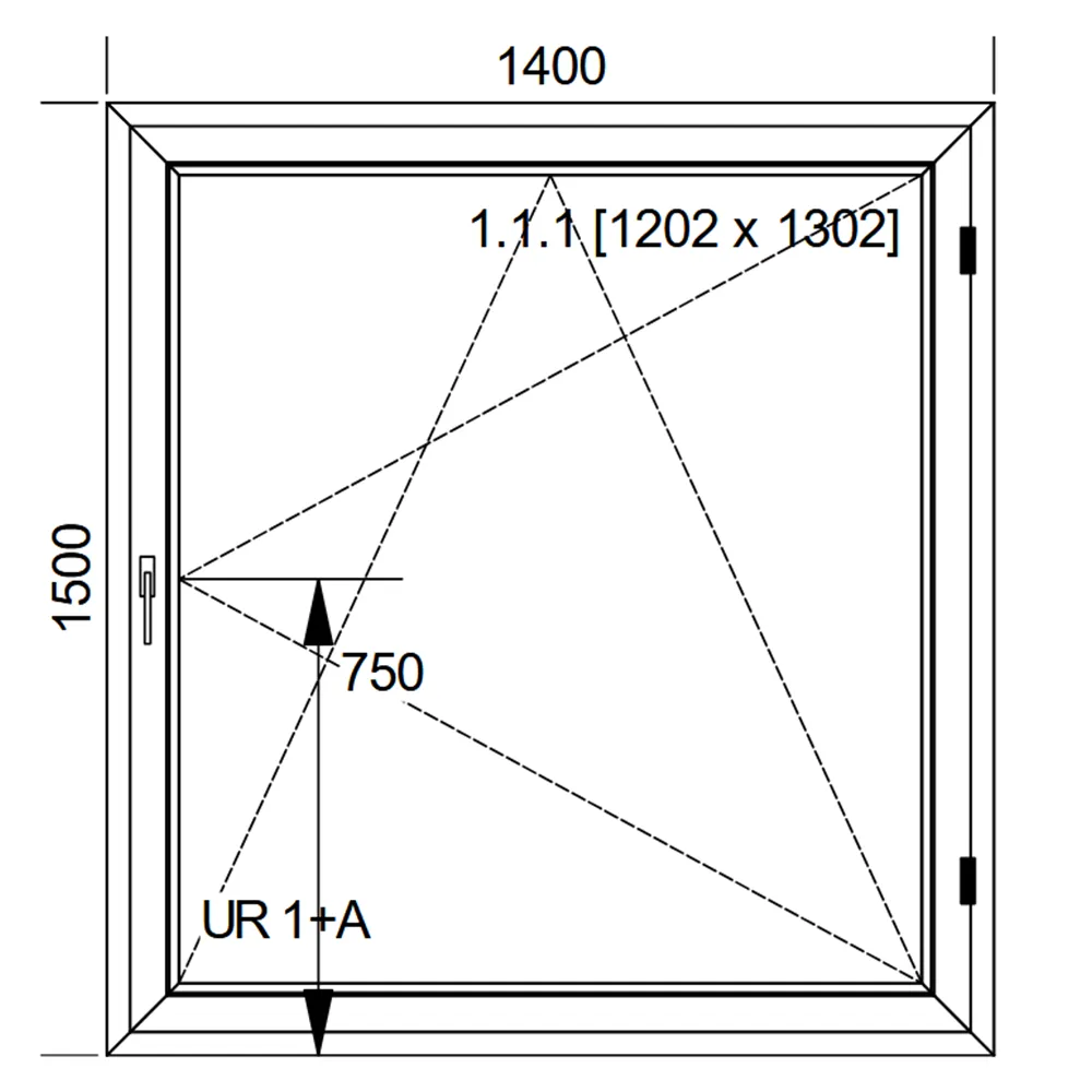 Schemat białego okna IDEAL 4000 o wymiarach 140 × 150 cm ze skrzydłem rozwierno-uchylnym oraz pakietem dwuszybowym 4/16/4