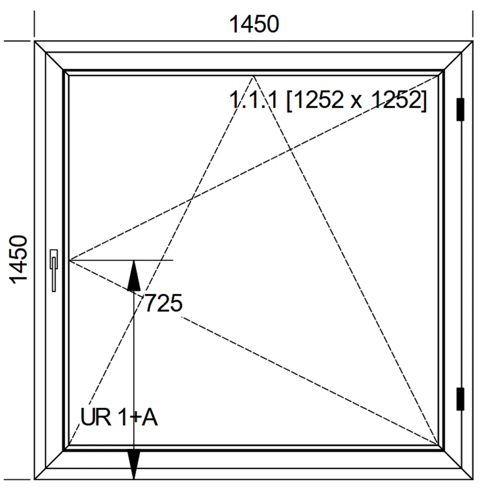 Schemat białego okna IDEAL 4000 o wymiarach 145 × 145 cm ze skrzydłem rozwierno-uchylnym i pakietem dwuszybowym 4/16/4