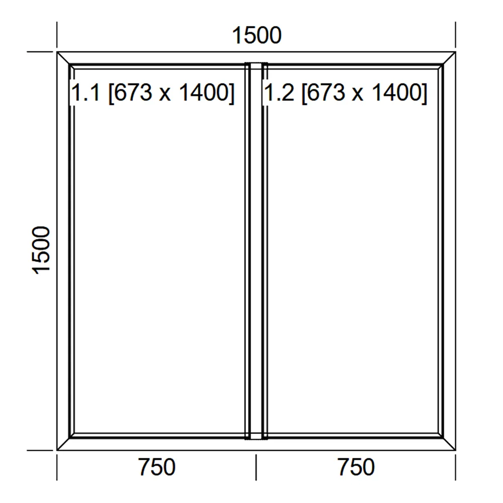 Schemat białego, dwuczęściowego okna stałego IDEAL 4000 o wymiarach 150 × 150 cm z dwoma stałymi przeszkleniami