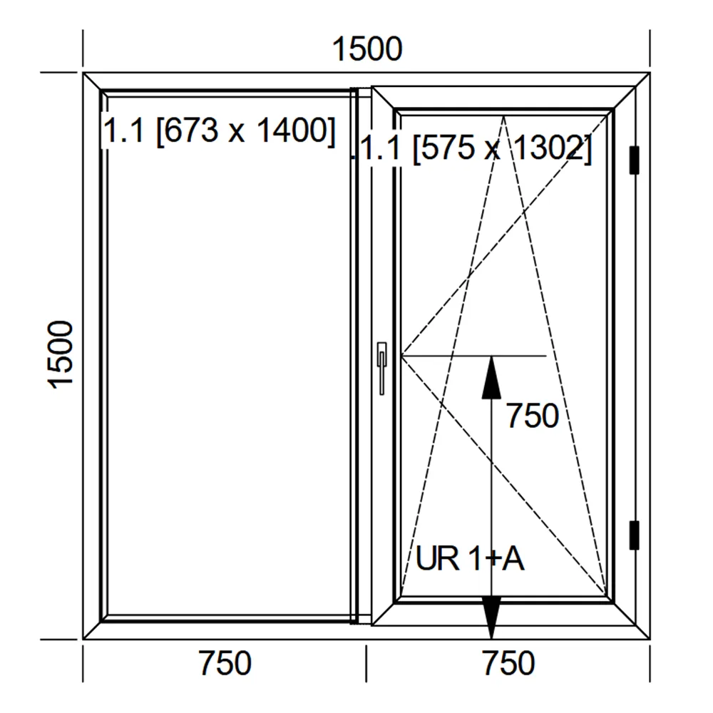 Schemat białego, dwuczęściowego okna IDEAL 4000 o wymiarach 150 × 150 cm ze stałym przeszkleniem i skrzydłem rozwierno-uchylnym