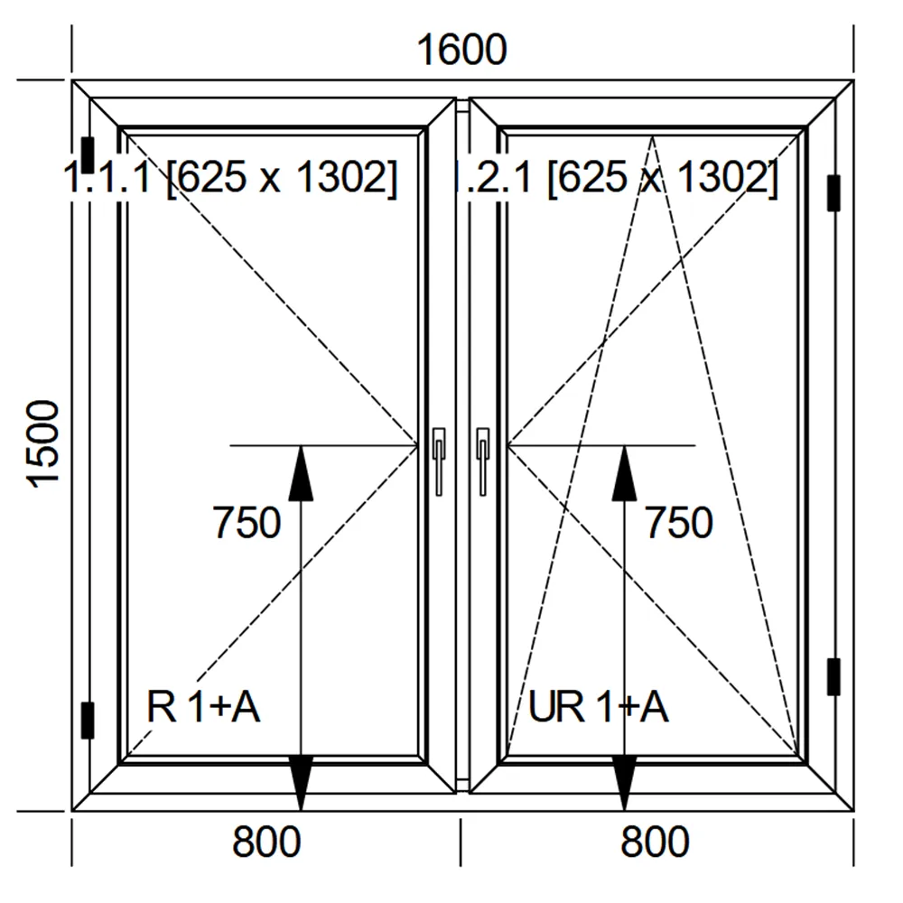 Schemat białego, dwuskrzydłowego okna IDEAL 4000 o wymiarach 160 × 150 cm ze skrzydłem rozwiernym i rozwierno-uchylnym oraz pakietem dwuszybowym 4/16/4