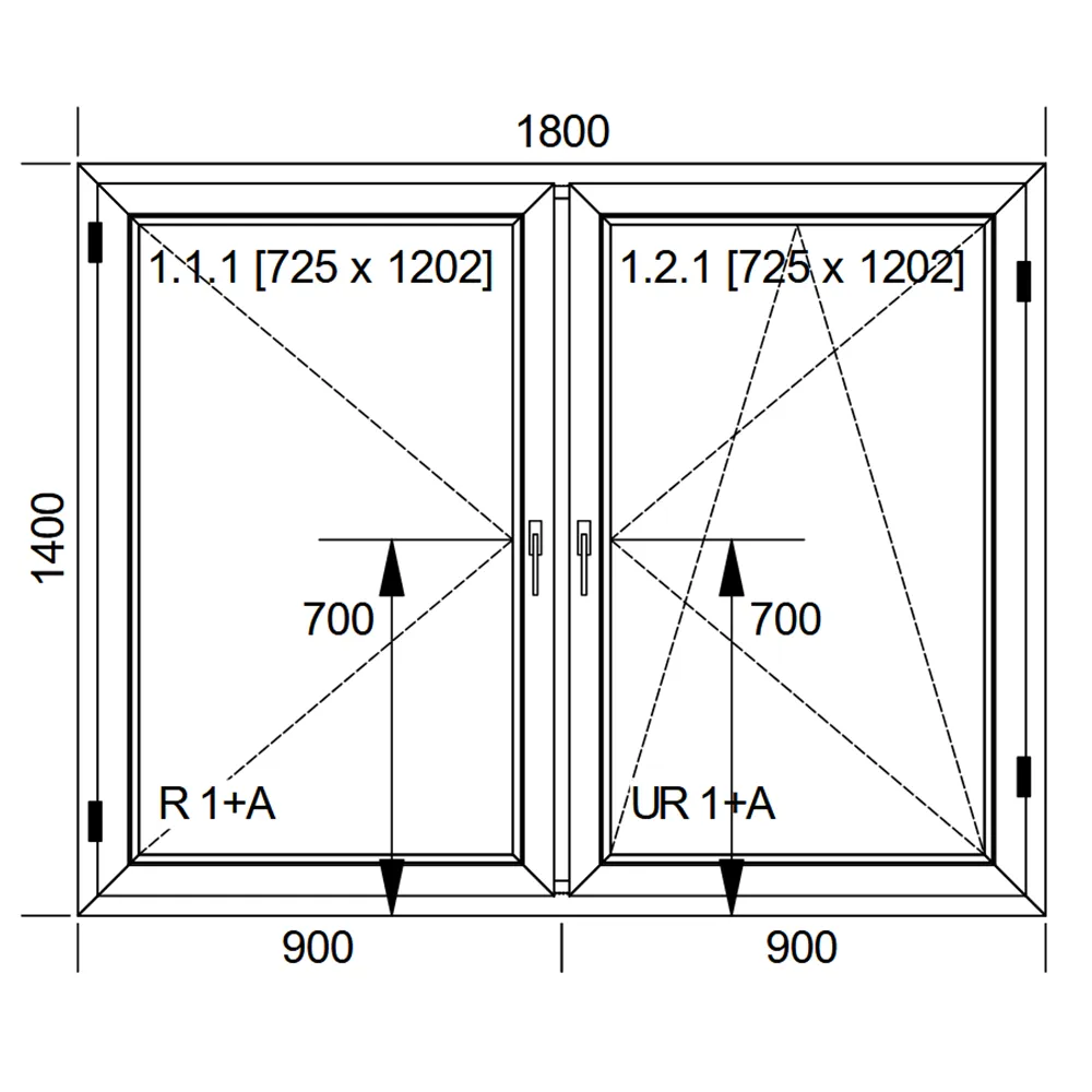 Schemat okna Rozwiernego | Rozwierno-Uchylnego IDEAL 4000 o wymiarach 1800 × 1400 mm z pakietem dwuszybowym 4/16/4