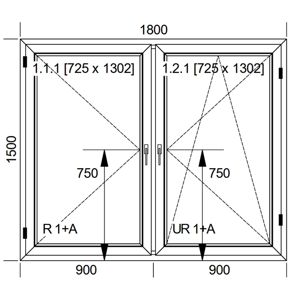 Schemat białego, dwuskrzydłowego okna IDEAL 4000 o wymiarach 180 × 150 cm ze skrzydłem rozwiernym i rozwierno-uchylnym oraz pakietem dwuszybowym 4/16/4