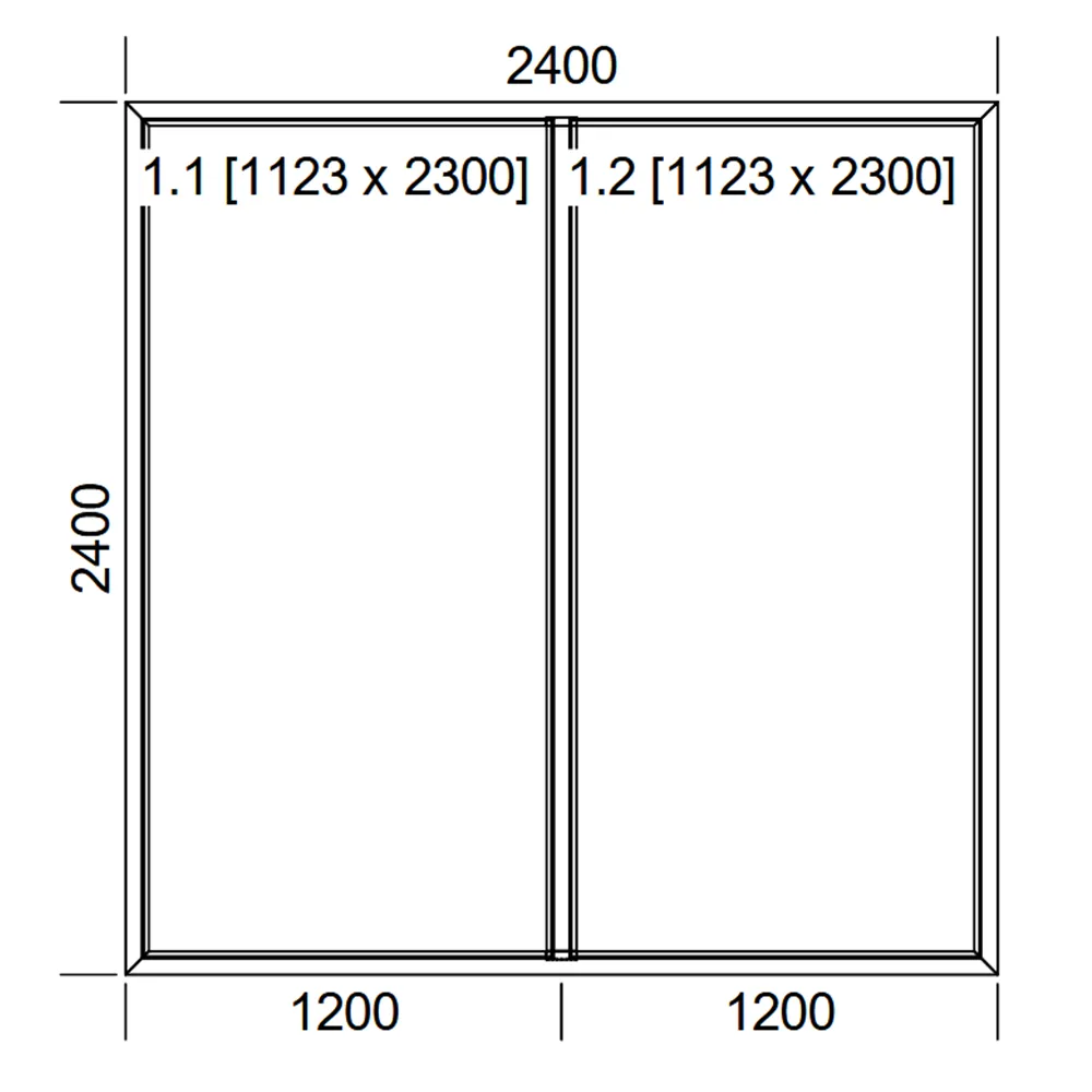 Schemat białego, dwuczęściowego okna stałego IDEAL 4000 o wymiarach 240 × 240 cm z dwoma stałymi przeszkleniami
