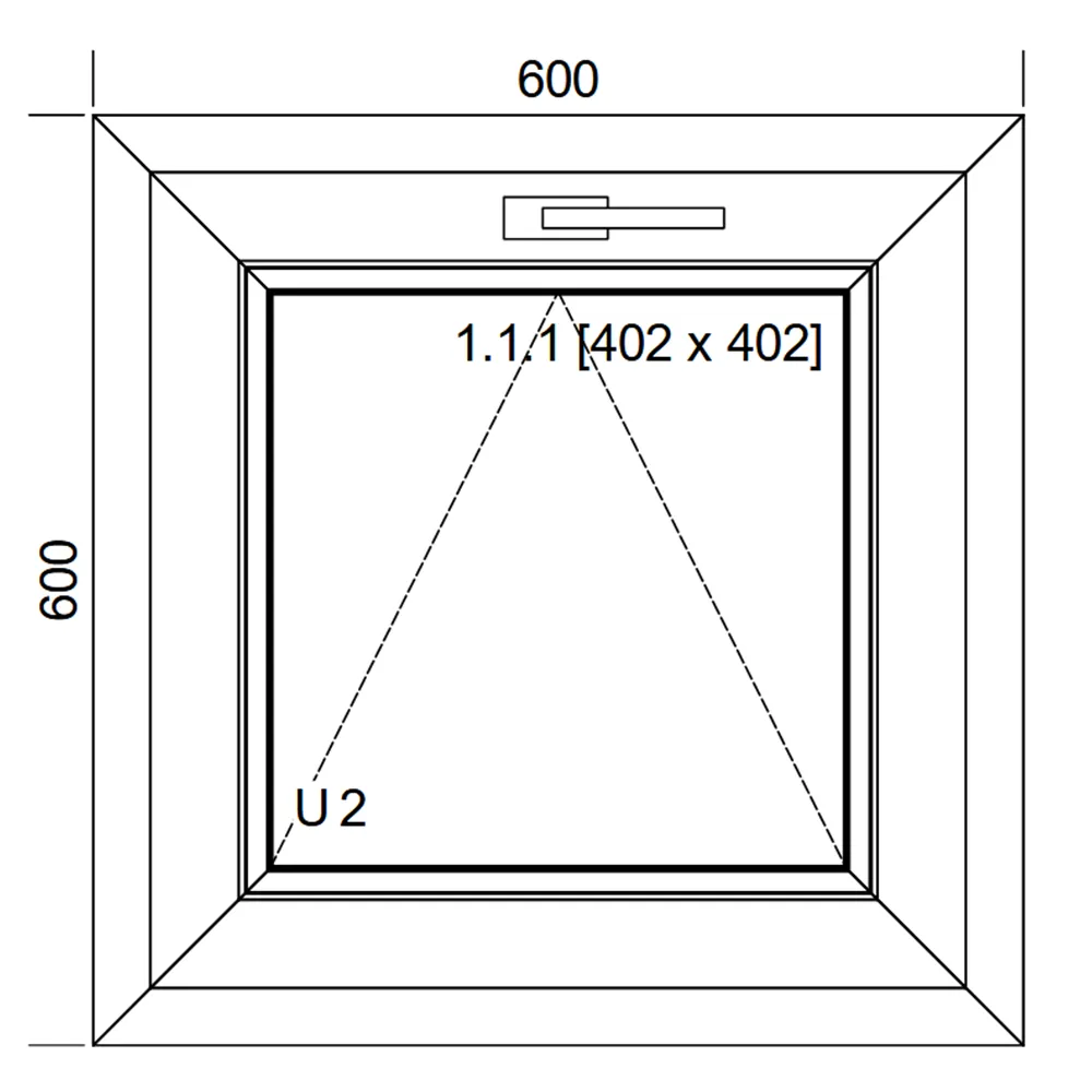 Schemat okna uchylnego IDEAL 4000 o wymiarach 600 × 600 mm z pakietem dwuszybowym 4/16/4