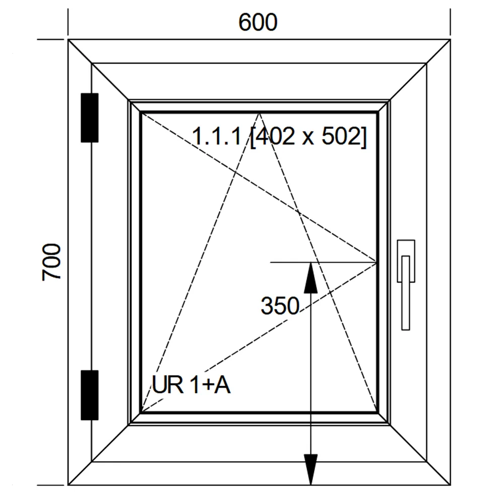 Schemat okna Rozwierno-Uchylnego IDEAL 4000 o wymiarach 600 × 700 mm z pakietem dwuszybowym 4/16/4