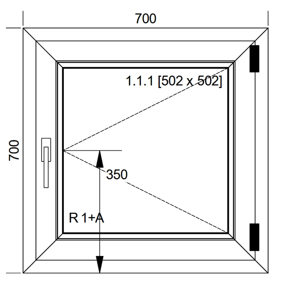 Schemat białego okna stałego rozwieranego IDEAL 4000 o wymiarach 70 × 70 cm z pakietem dwuszybowym 4/16/4
