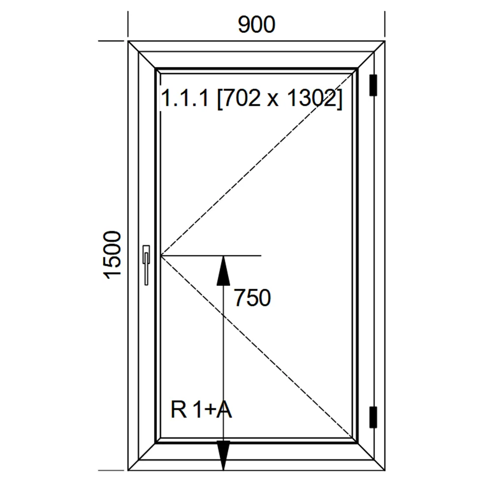 Schemat białego okna IDEAL 4000 o wymiarach 90 × 150 cm ze skrzydłem rozwiernym i pakietem dwuszybowym 4/16/4