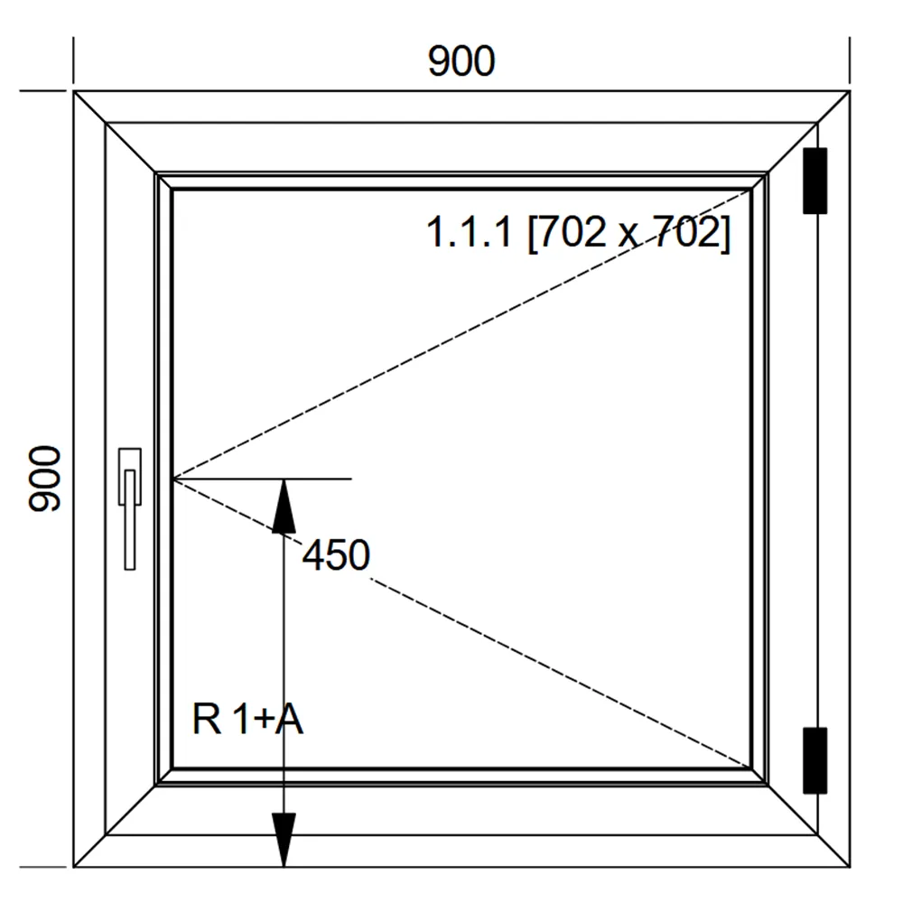Schemat białego okna stałego rozwieranego IDEAL 4000 o wymiarach 90 × 90 cm z pakietem dwuszybowym 4/16/4