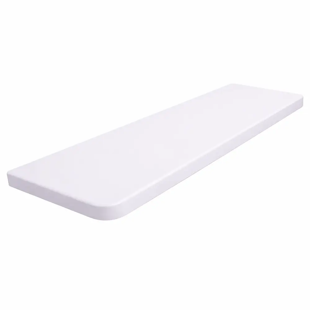 Wewnętrzny parapet MDF, lakierowany w kolorze Biały Wysoki Połysk, z zaokrąglonymi narożnikami - widok produktu z tabelą danych technicznych.