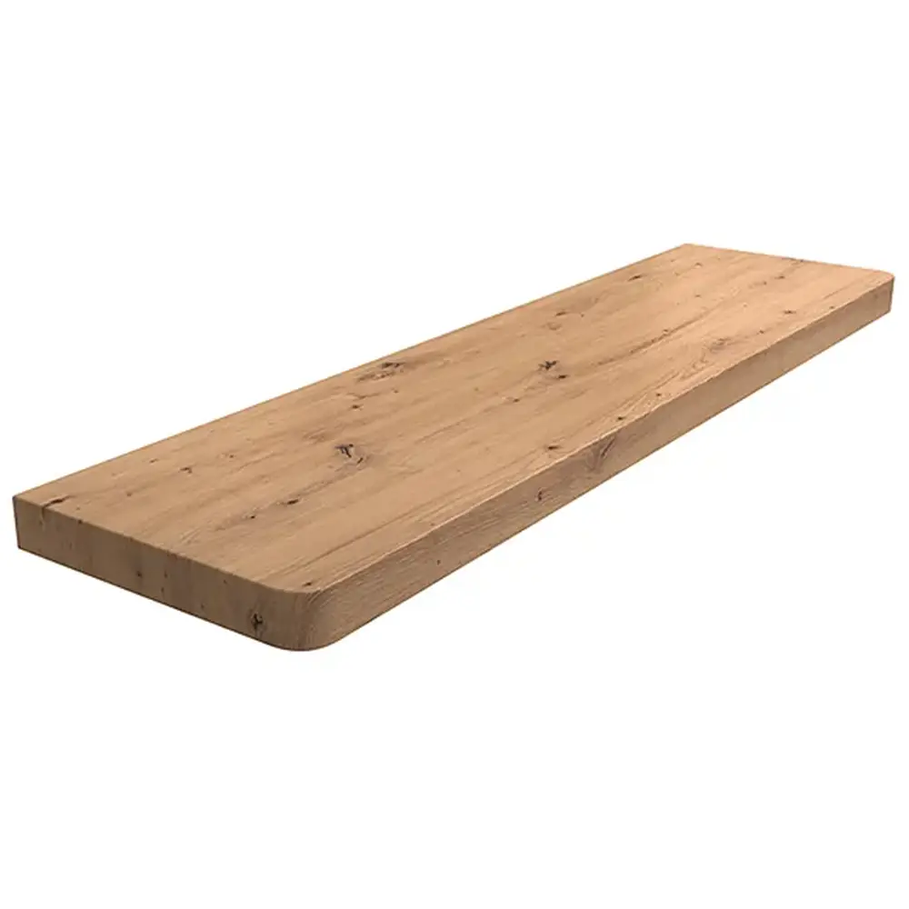 Wewnętrzny parapet MDF, laminowany w kolorze Dąb Riviera, z zaokrąglonymi narożnikami – widok produktu z tabelą danych technicznych.