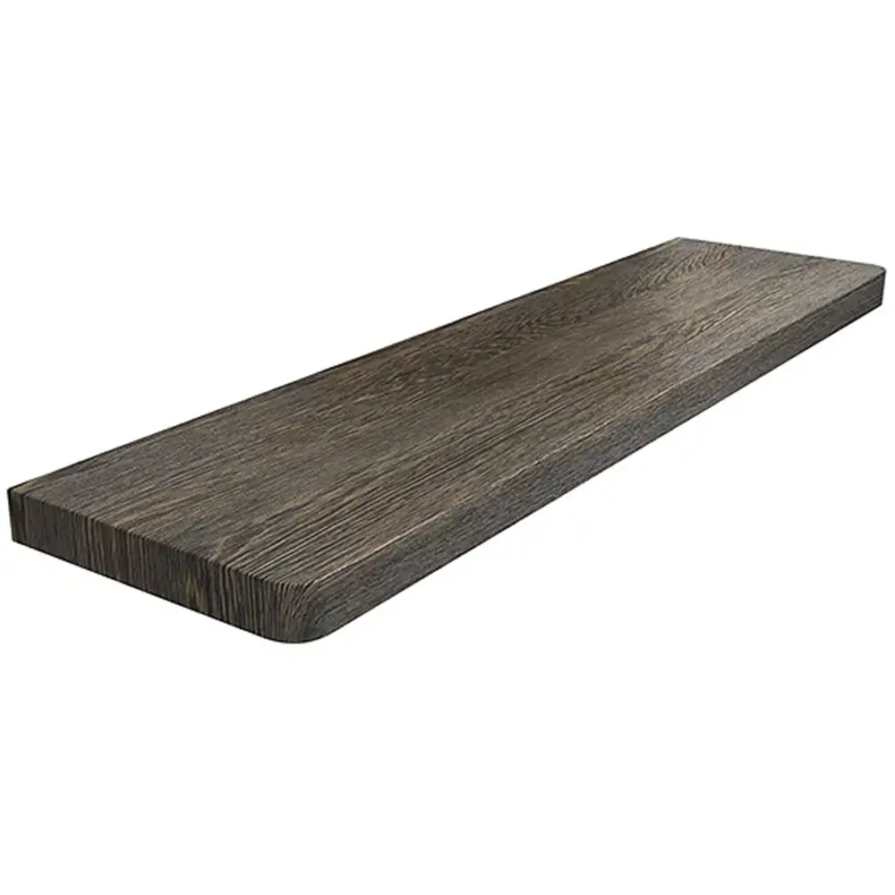Wewnętrzny parapet MDF, laminowany w kolorze Wenge Deska, z zaokrąglonymi narożnikami – widok produktu z tabelą danych technicznych.