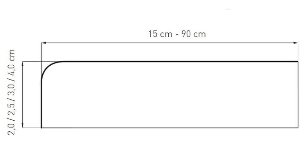 Rysunek techniczny wewnętrznego parapetu MDF (szerokość 15–90 cm, grubość 2–4 cm) z opisem „Parapety MDF do stylowych wnętrz”.
