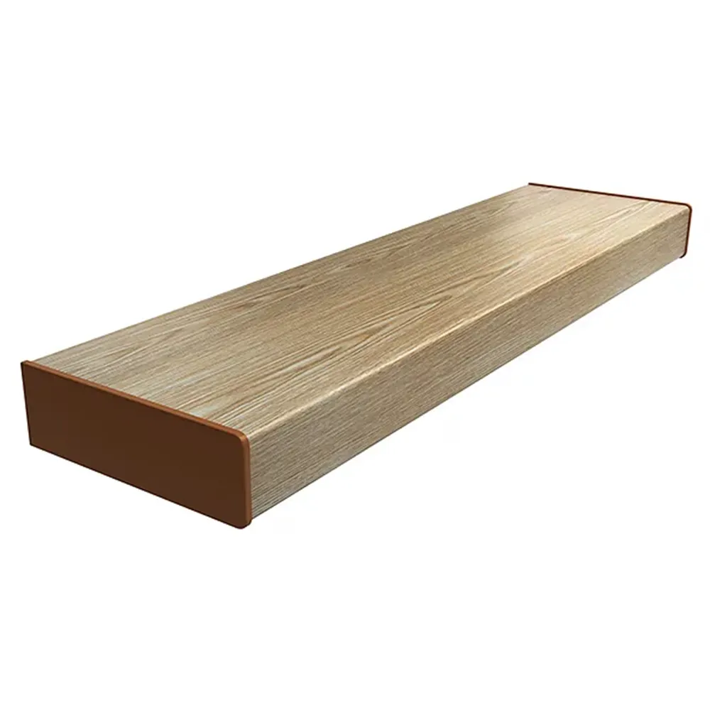 Parapet z PVC w kolorze Dąb Naturalny - przykład nakładki renowacyjnej z zaokrągloną krawędzią oraz podstawowymi danymi technicznymi.