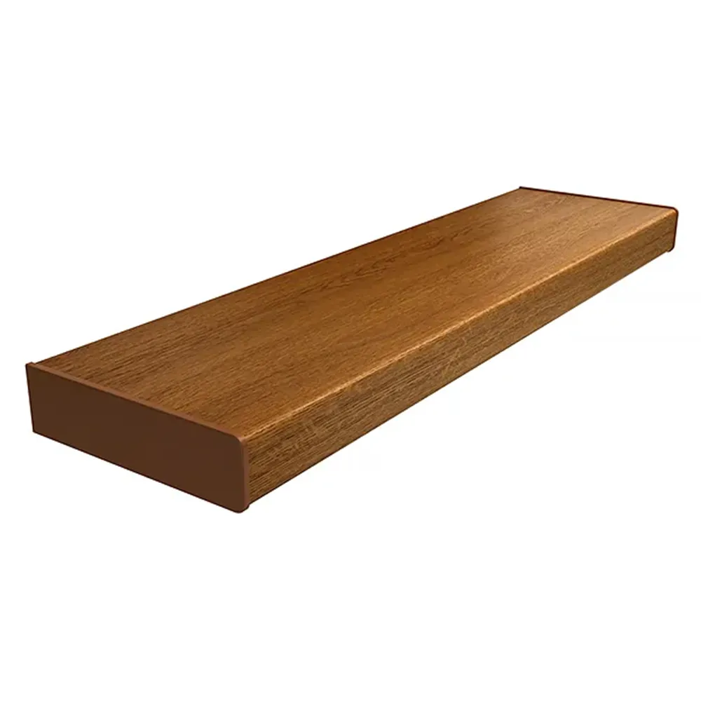 Parapet z PVC w kolorze Złoty Dąb - przykład nakładki renowacyjnej z zaokrągloną krawędzią oraz podstawowymi danymi technicznymi.