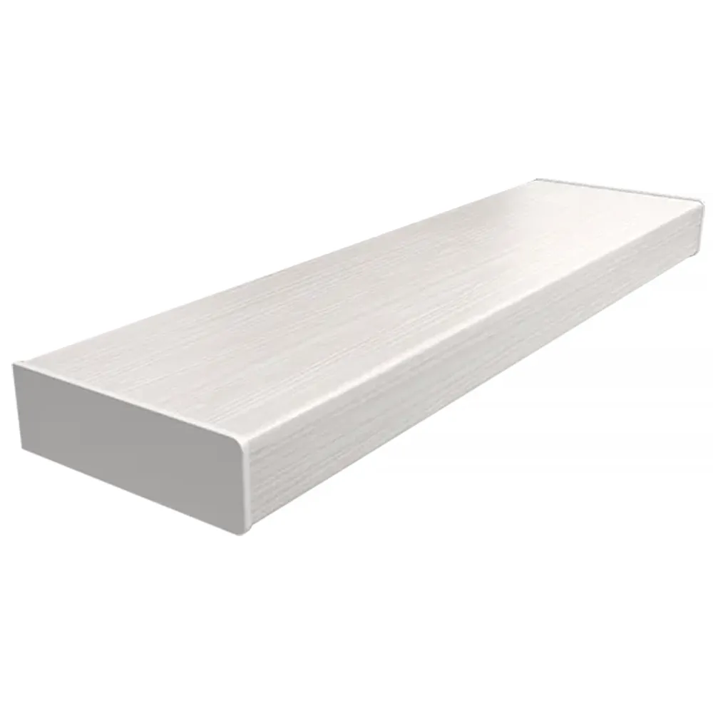 Parapet z PVC w kolorze Dąb Wiejski - przykład nakładki renowacyjnej z zaokrągloną krawędzią oraz podstawowymi danymi technicznymi.