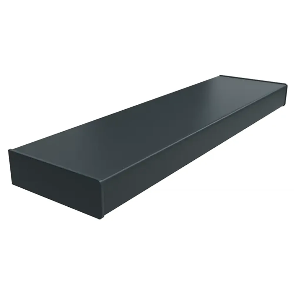Parapet z PVC w kolorze Grafit - przykład nakładki renowacyjnej z zaokrągloną krawędzią oraz podstawowymi danymi technicznymi.