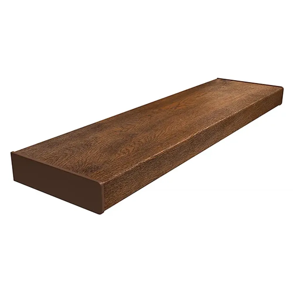 Parapet z PVC w kolorze Orzech - przykład nakładki renowacyjnej z zaokrągloną krawędzią oraz podstawowymi danymi technicznymi.