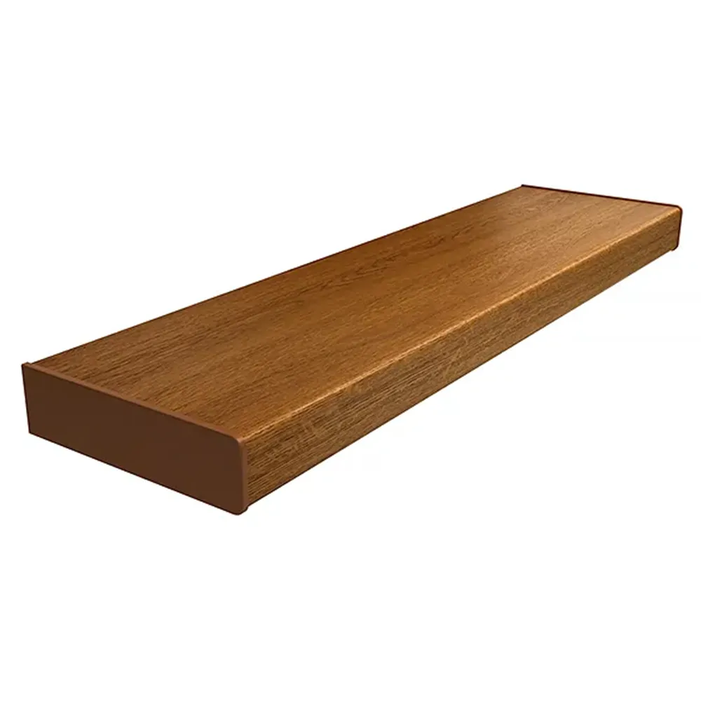 Parapet z PVC w kolorze Złoty Dąb - przykład nakładki renowacyjnej z zaokrągloną krawędzią oraz podstawowymi danymi technicznymi.