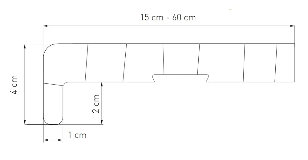 Rysunek techniczny parapetu wewnętrznego PVC (szerokość 15–60 cm) z wymiarami i przekrojem – trwały parapet do zastosowania wewnętrznego.