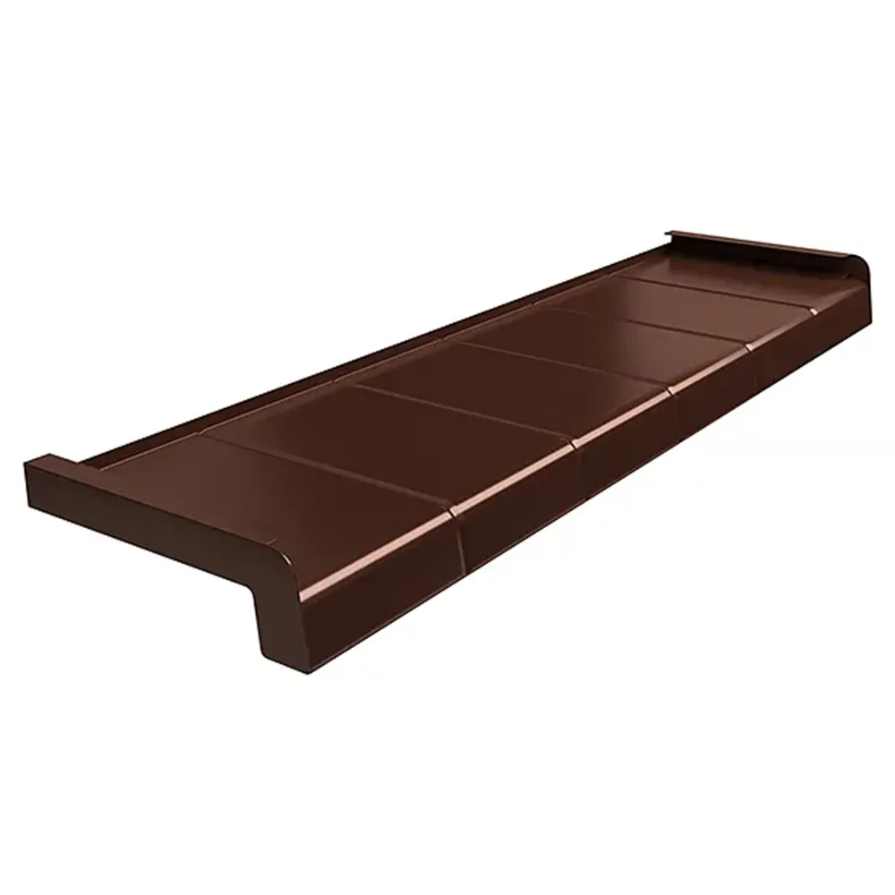 Aluminiowy parapet z imitacją płytki w kolorze Brąz RAL 8017 z danymi technicznymi dotyczącymi wymiarów, materiału i zastosowania.