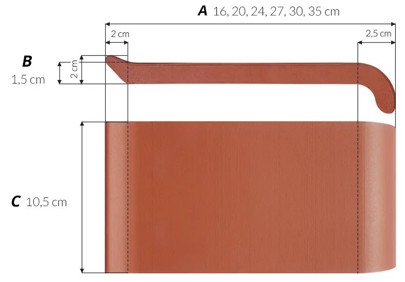 Rysunek techniczny parapetu ceramicznego z podanymi wymiarami (długości 16–35 cm, szerokość 10,5 cm, grubość 1,5 cm).